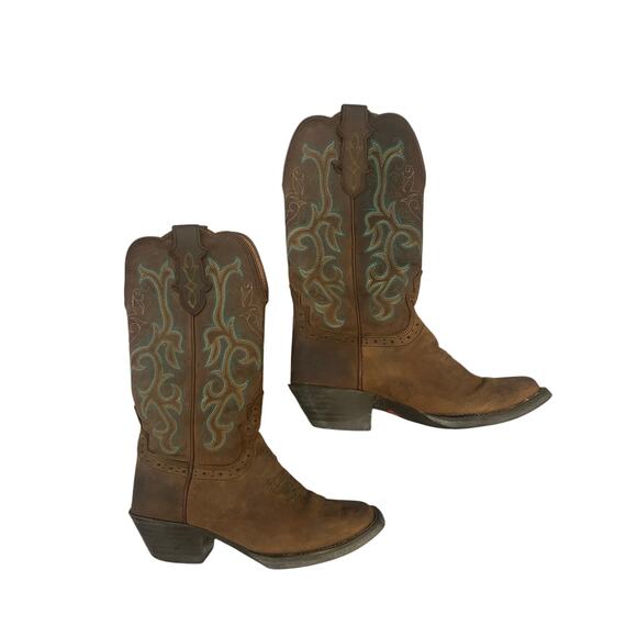 Justin Teal and Brown Square Toe Cowboy Boots - Picture 1 of 8